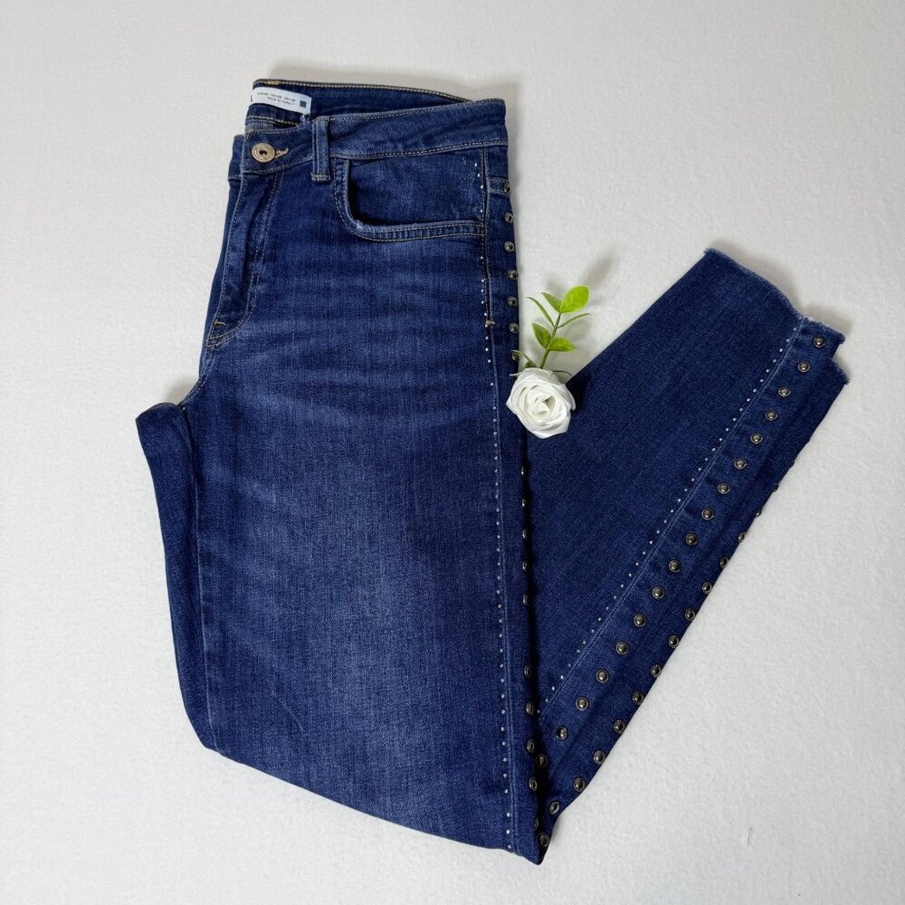 ZARA Women Skinny Jeans Size 6 Blue Studded Side Raw Hem Stretch Denim